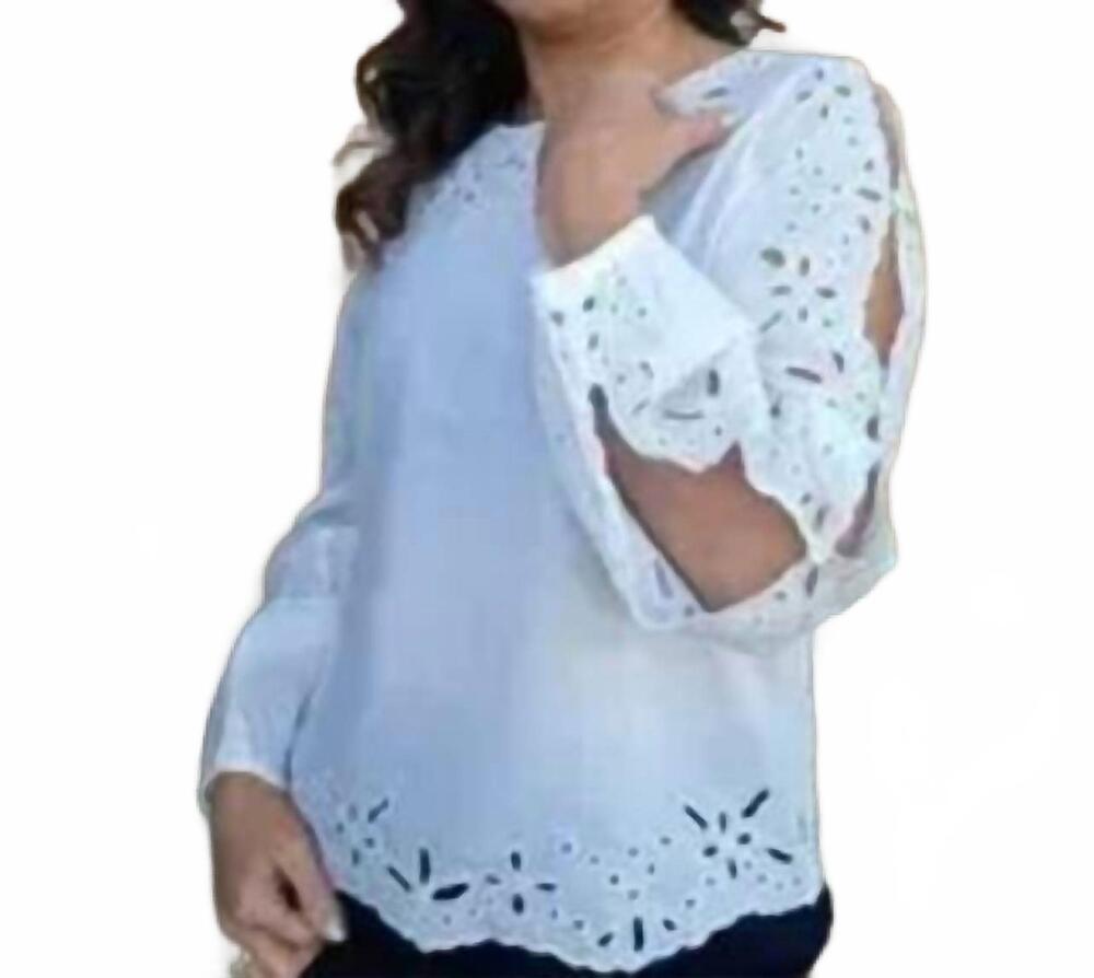 NEW CHARLIE B long sleeve eyelet blouse in white